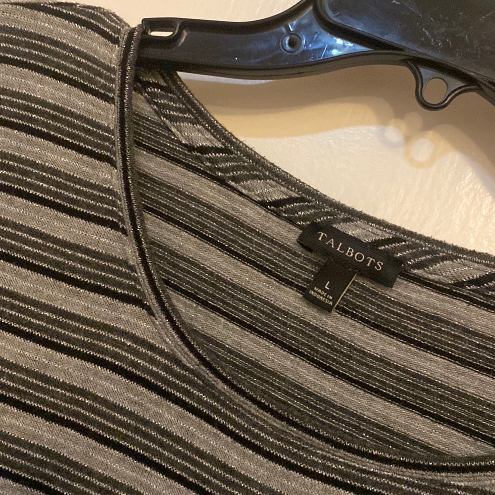 Talbots size L Tunic shirt in black and grey stripe with sparkles.